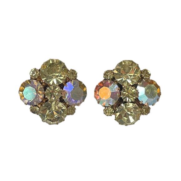 1950s Weiss Aurora Yellow Borealis Rhinestones Circular Cluster Clip Earrings - Picture 3 of 3